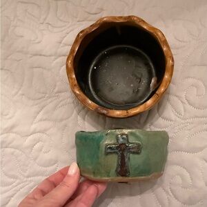Ceramic Bowls-Caramel Brown and Teal with Cross - Perfect for snacks or candles